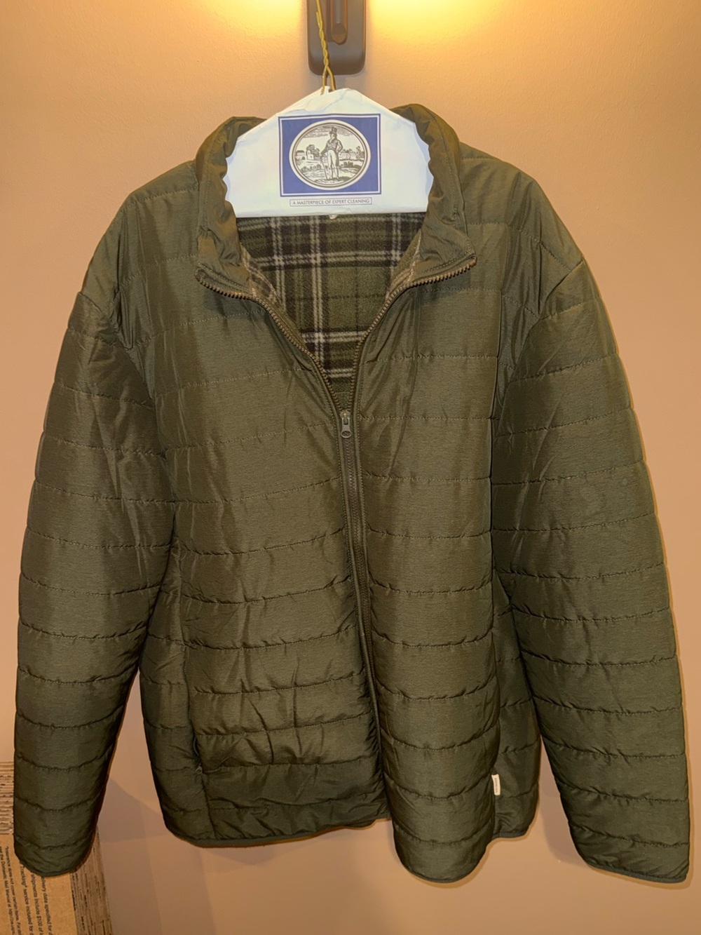 Men's Olive Quilted Puffer Jacket with Plaid Lining